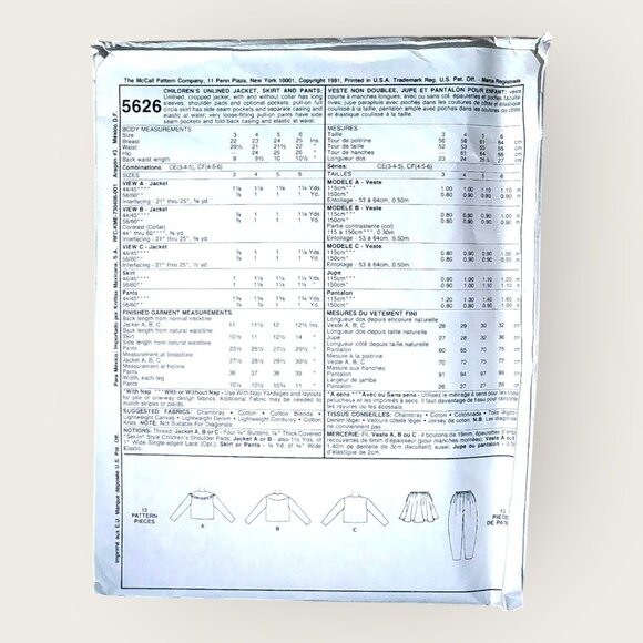 Vintage 1990s McCalls Sewing Pattern 5626 Girls Jacket Skirt Pants Size 4-6 - Picture 2 of 2